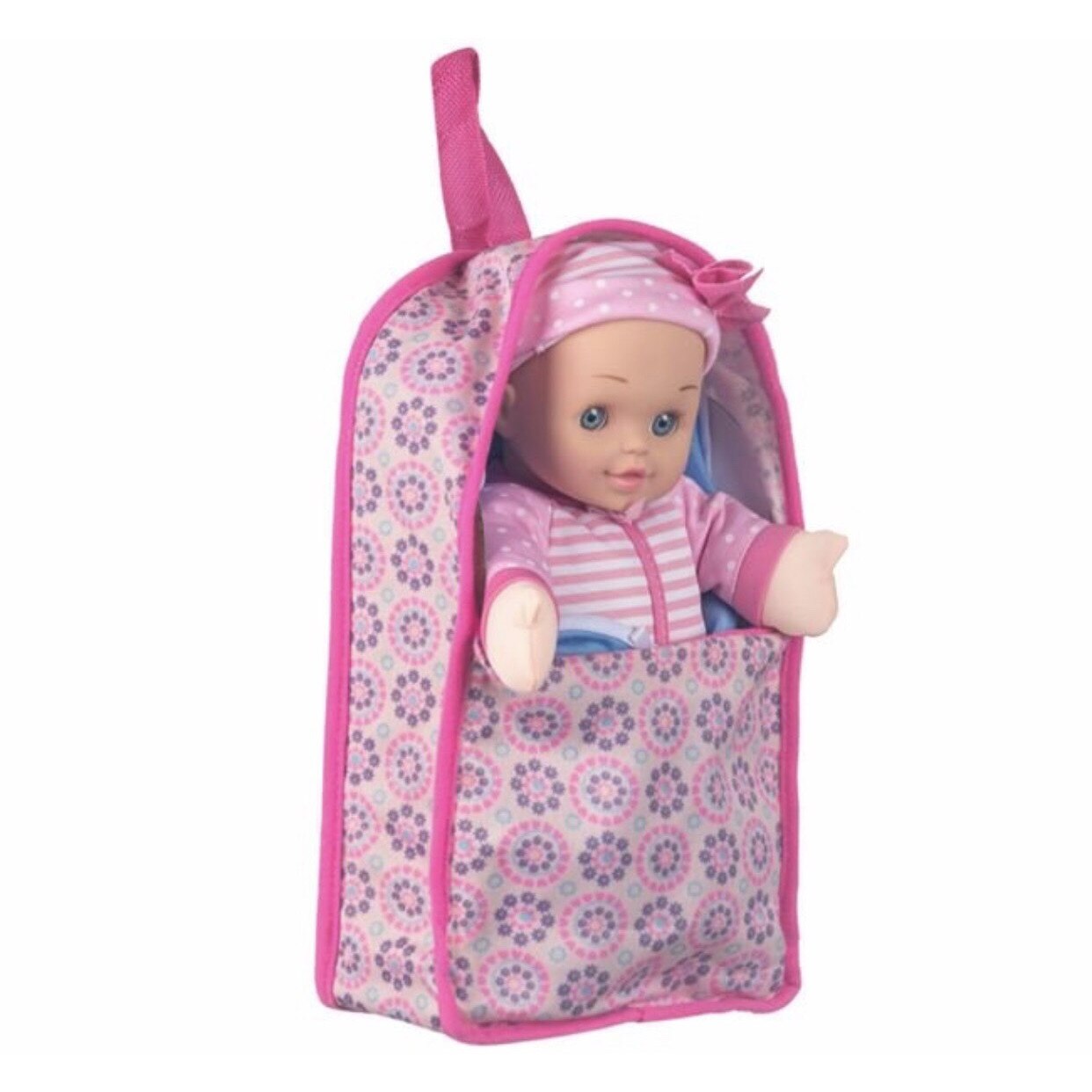 Papusa in marsupiu , imbracata in haine roz cu caiulita pentru copii , 30 cm, ATS