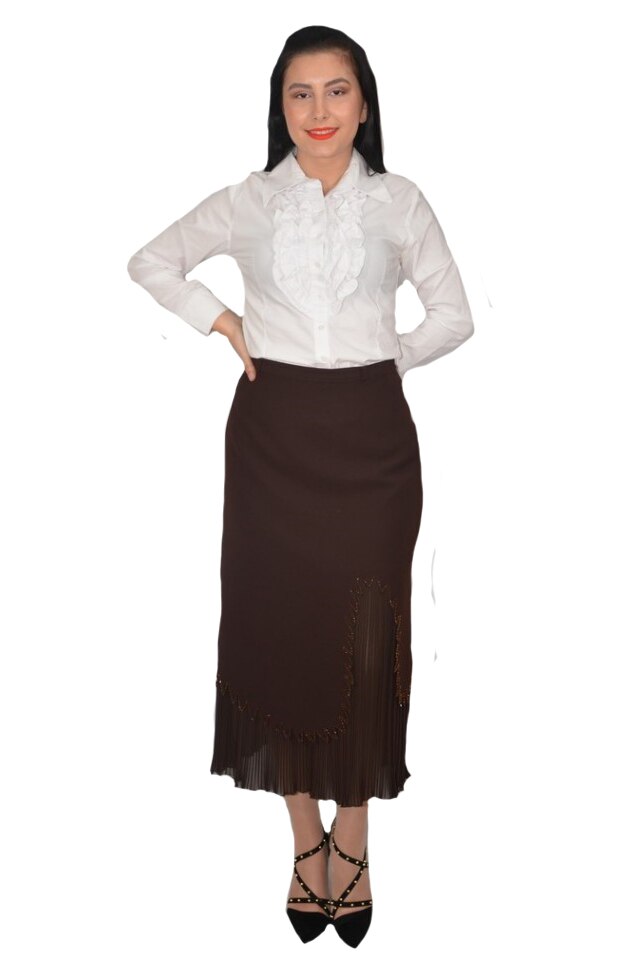 Fusta de ocazie, cu design de pliseu si margele, D&J Exclusive, Maro