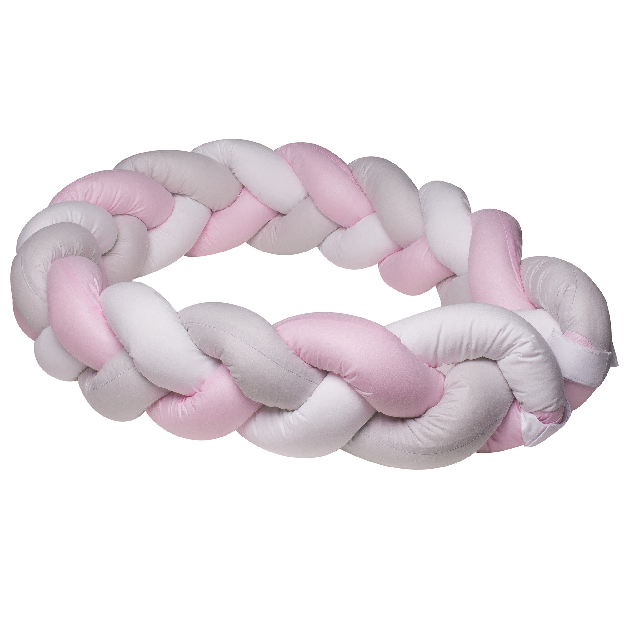 Protectie laterala patut bebe, Bumper impletit, Inchidere Velcro, Bumbac White Grey Pink, 340 cm