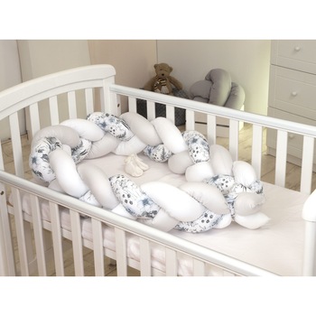 Protectie laterala patut bebe, Bumper impletit, Inchidere Velcro, Alb / Gri, 210 cm Protectie laterala patut bebe, Bumper impletit, Inchidere Velcro, Alb / Gri, 210 cm