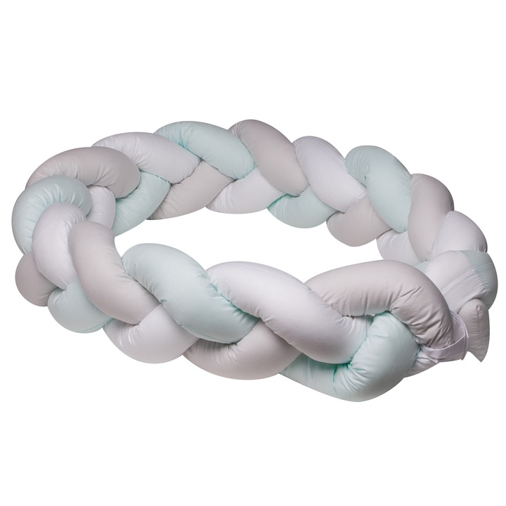 Protectie laterala patut bebe, Bumper impletit, Inchidere Velcro, Bumbac Alb Gri Mint, 210 cm