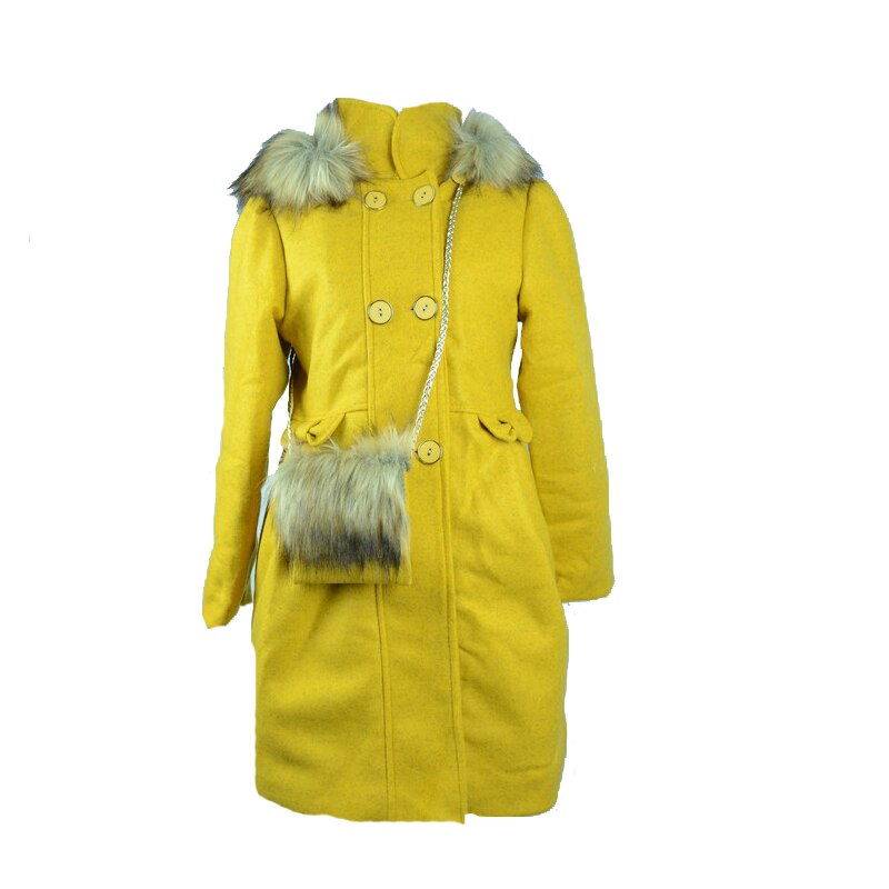 Palton pentru fetite NN, cu nasturi si gluga cu blana, Galben