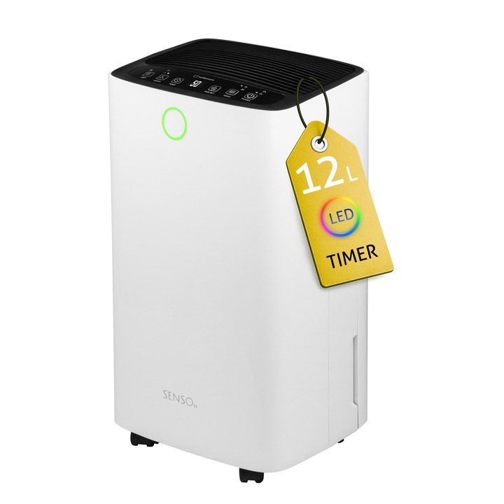 Dezumidificator Turbionaire SENSO 12, 12 l/24h, Silentios 36 dB, Rezervor 2l, 120 m³/h, Control digital, Indicator luminos umiditate, Timer, Display LED