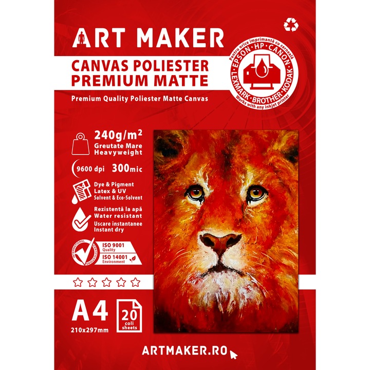 Canvas Poliester, Premium Mat, 240g/mp, A4, 20 coli, Waterproof