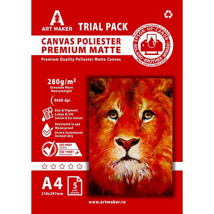 Canvas Poliester, Premium Mat, 240g/mp, A4, 5 coli, Waterproof
