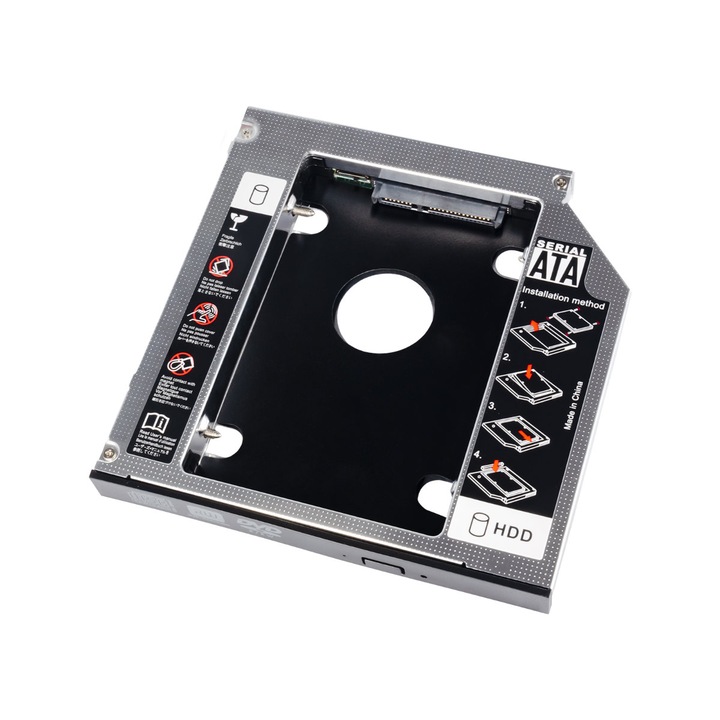 Adaptor inlocuire unitate optica 5.25'' cu HDD 2.5'' sau SSD 12.7mm, din otel zincat, cu accesorii