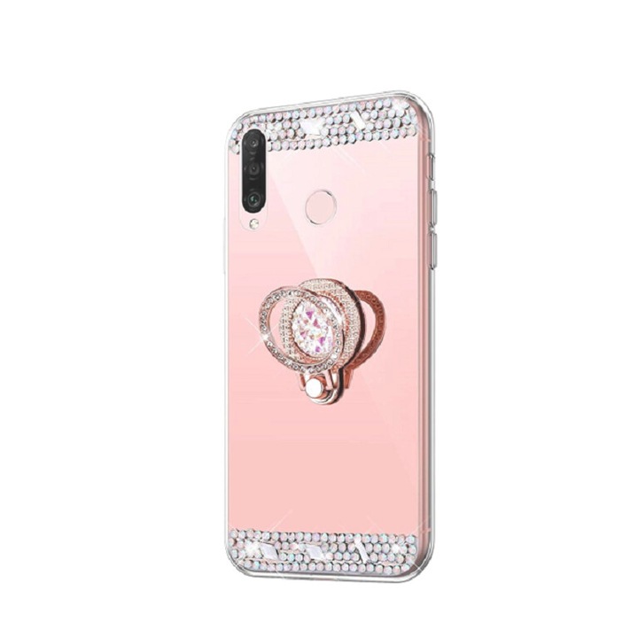 Кейс за телефон, камъчета и пръстен за Huawei Y6 2019, Розов