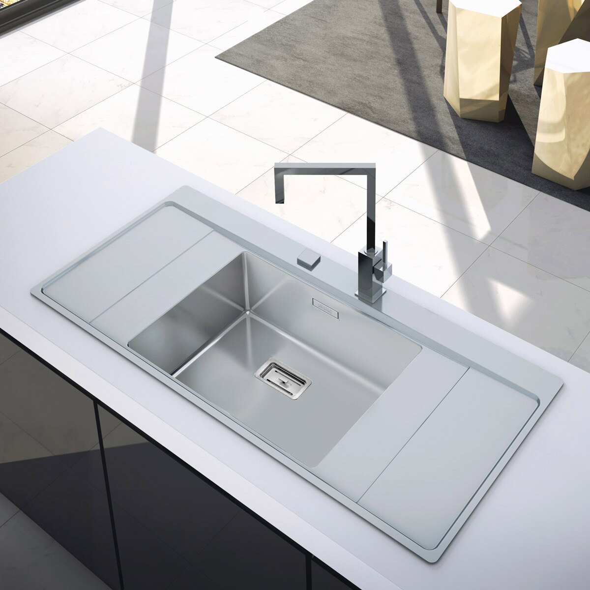 Chiuveta bucatarie inox CookingAid XERON B50 reversibila, 1160*520*200mm cu ventil AUTOMAT scurgere dreptunghiular + accesorii montaj