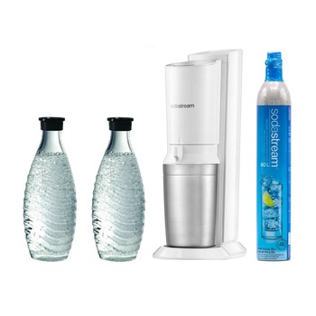 Set aparat pentru preparat bauturi carbogazoase SodaStream Crystal 2.0 Premium, alb, 2 carafe de sticla, cartus CO2 incluse Set aparat pentru preparat bauturi carbogazoase SodaStream Crystal 2.0 Premium, alb, 2 carafe de sticla, cartus CO2 incluse