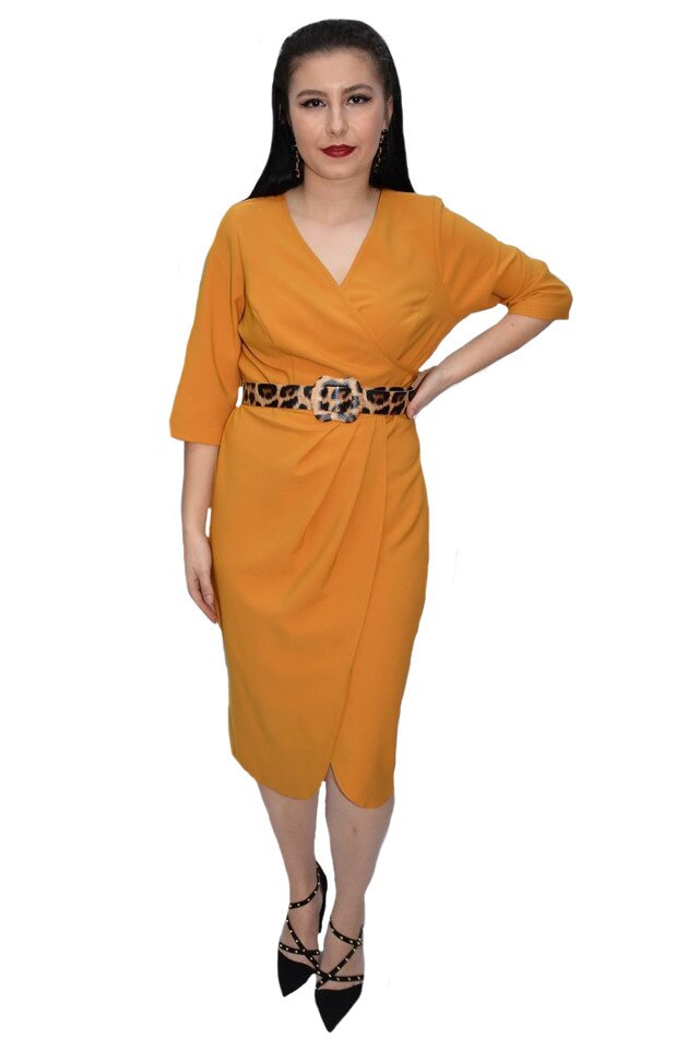 Rochie office Casia cambrata si decolteu in V,D&J Exclussive, galben, Galben