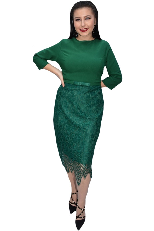 Rochie eleganta Marina, cambrata cu inserti de dantela ,D&J Exclussive, Verde