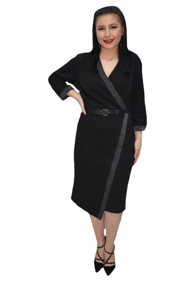 Rochie eleganta Camelia, cambrata cu inserti de dantela ,D&J Exclussive, Negru-Argintiu