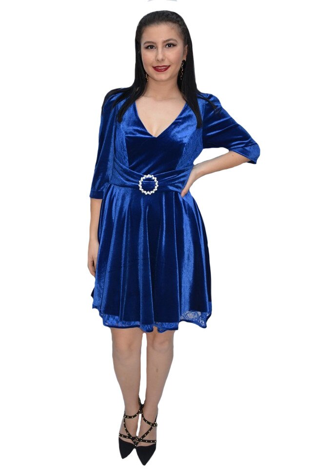 Rochie Mara din catifea,D&J Exclussive, albastru, Albastru