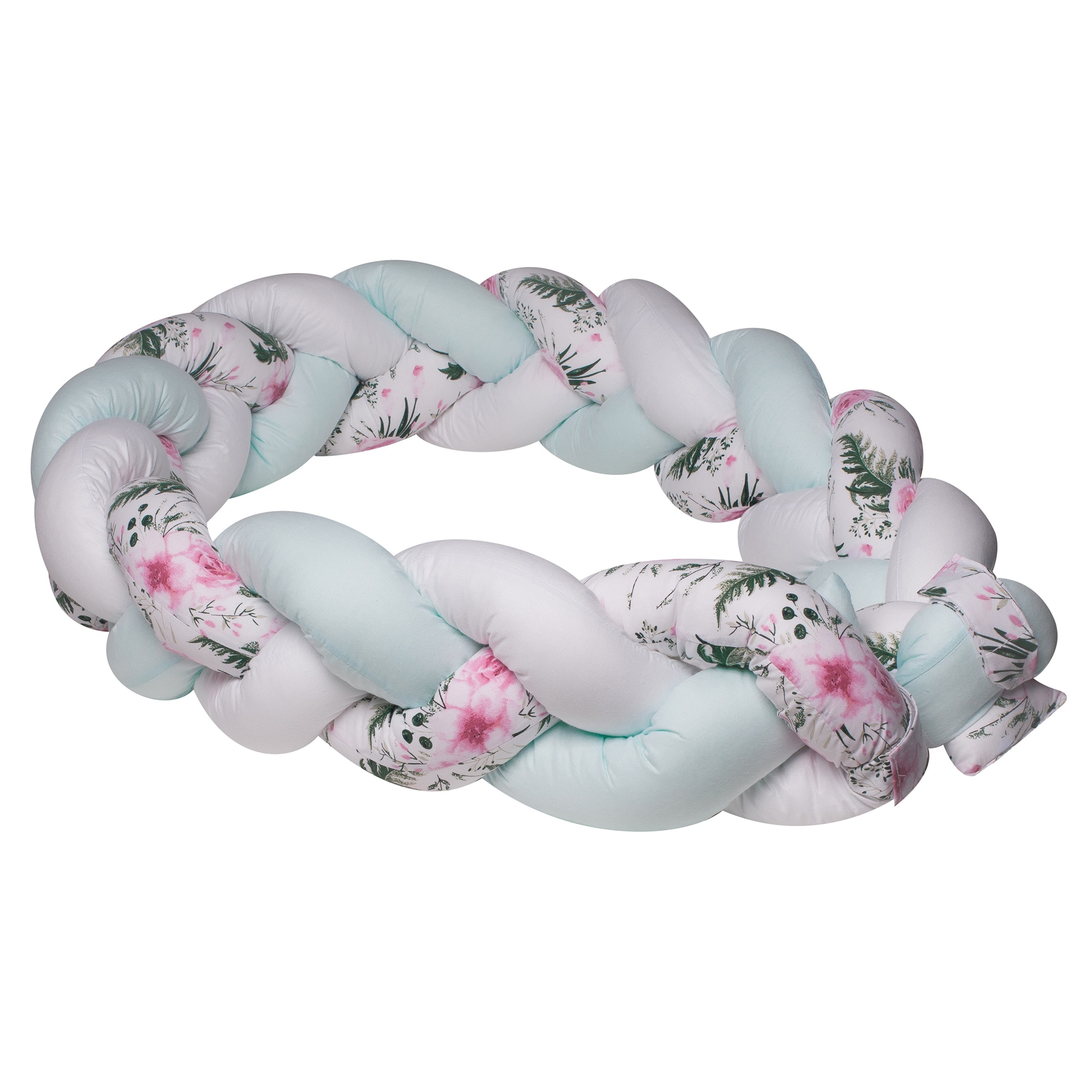 Protectie laterala patut bebe, Bumper impletit, Inchidere Velcro, Bumbac White - Mint - Rose Mint, 210 cm