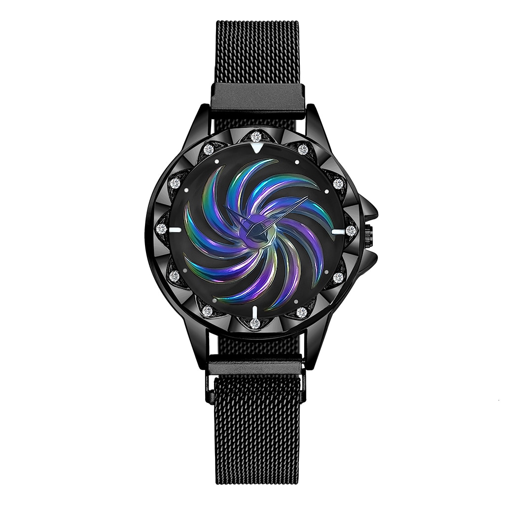 Ceas dama, GENEVA CS1164, model Starry Sky, cadran rotativ, bratara magnetica, elegant, negru