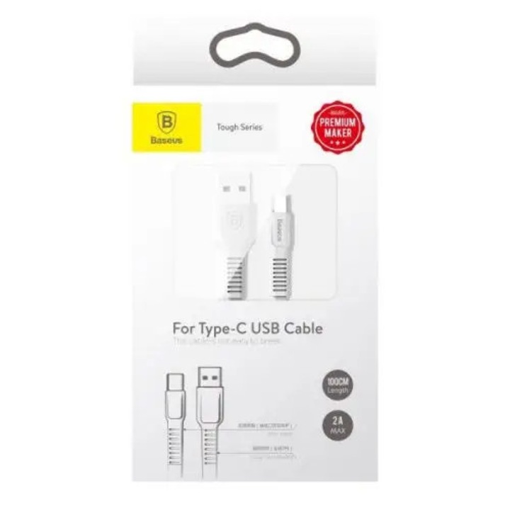Cablu de date/incarcare Baseus, Tough Series USB-C, 1M 2 A, Alb