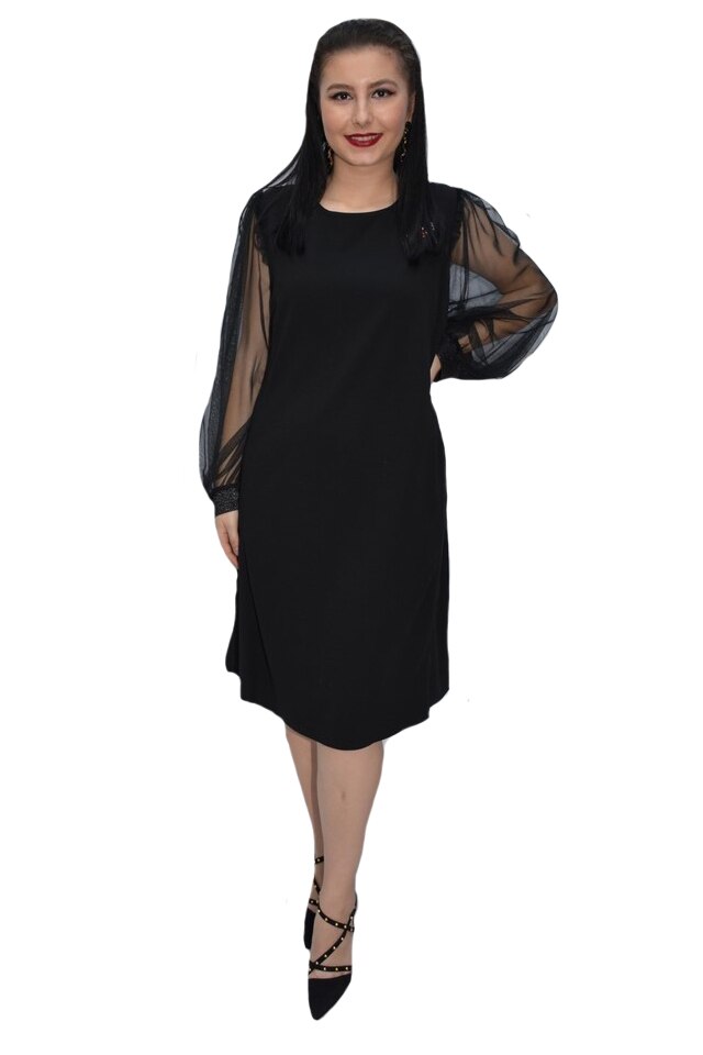 Rochie Gherda cu maneca din voal si manseta,D&J Exclussive voal si manseta,D&J Exclussive, Negru