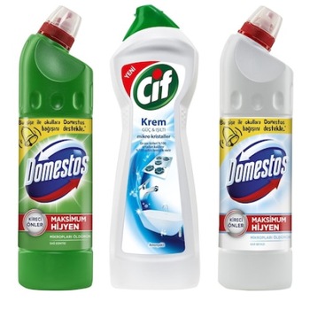 Pachet Dezinfectant toaleta Domestos pine fresh 750ml+ Dezinfectant inalbitor anticalcar Domestos white 750ml+ Solutie curatare crema Cif original 500ml Pachet Dezinfectant toaleta Domestos pine fresh 750ml+ Dezinfectant inalbitor anticalcar Domestos white 750ml+ Solutie curatare crema Cif original 500ml