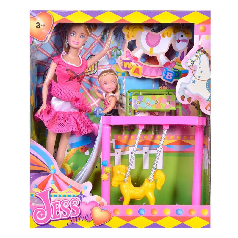 Set papusi la locul de joaca cu tobogan si calut, pentru fete , ATS, 29 cm