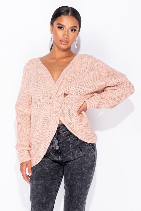 Пуловер с ефектен възел Parisian, Розов, One size