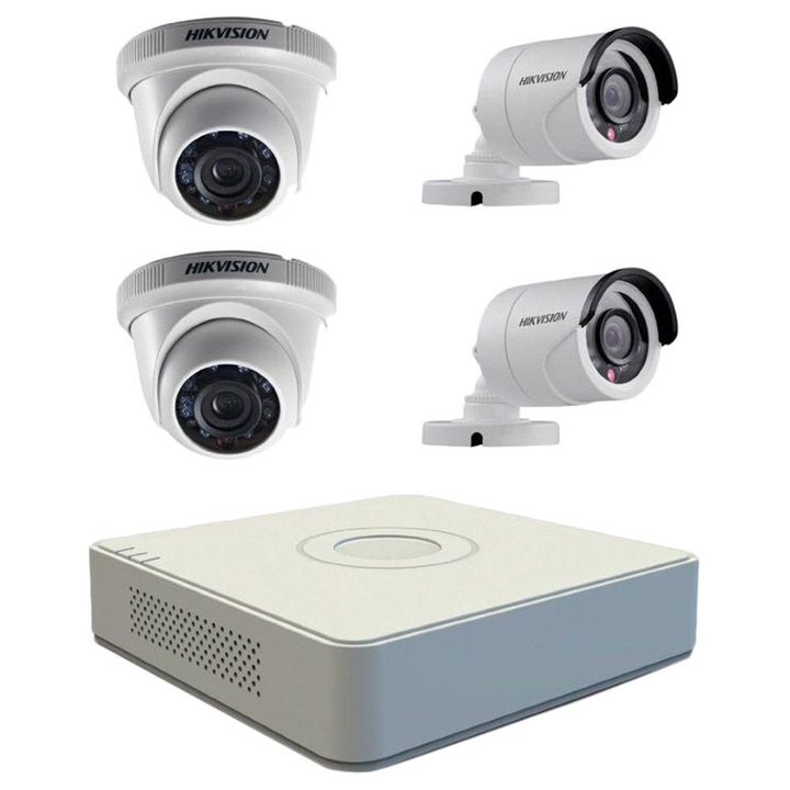 Комплект за наблюдение - Hikvision, състоящ се от 1 x DVR DS-7104HQHI-K1, 2 x вътрешни камери DS-2CE56COT-IRPF и 2 x външни камери DS-2CE16D0T-IRPF