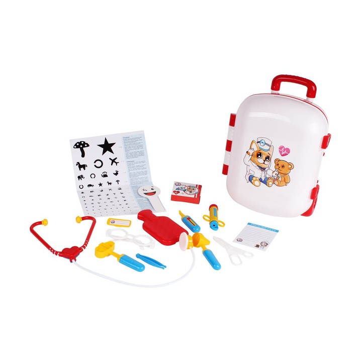 Детско докторско куфарче Technok Toys, Регулираща се дръжка, С колела, Бял/Червен, 3+ години