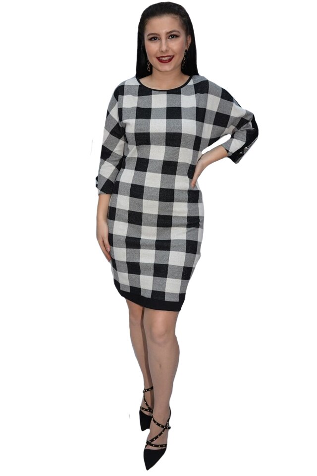 Rochie tricotata Blanco model cu patratele,D&J Exclusive, Negru-Alb