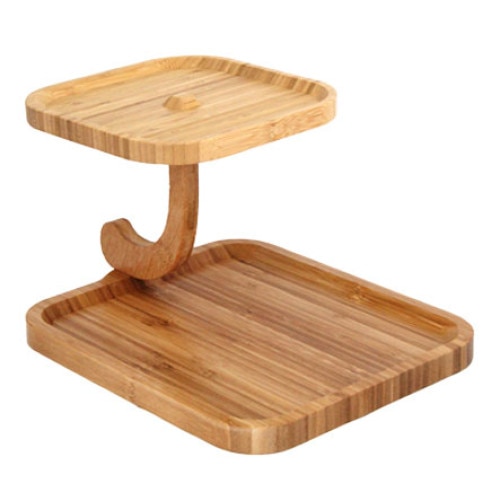 Platou patrat RAKI pentru servire etajera din bambus cu 2 etaje 19x25x29cm
