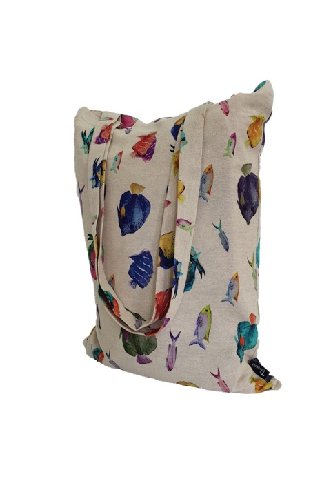 Sacosa din material textil, Daveras, imprimeu cu pesti, 42 x 33 cm