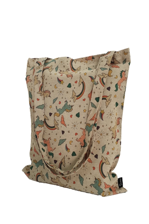 Sacosa din panza, Daveras, tote bag cu imprimeu unicorni, 42 x 35 cm