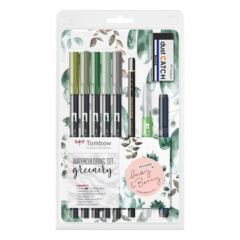 Set 9 Tombow Creativ, Caligrafie si Watercoloring, Set Greenery, verde natur Set 9 Tombow Creativ, Caligrafie si Watercoloring, Set Greenery, verde natur