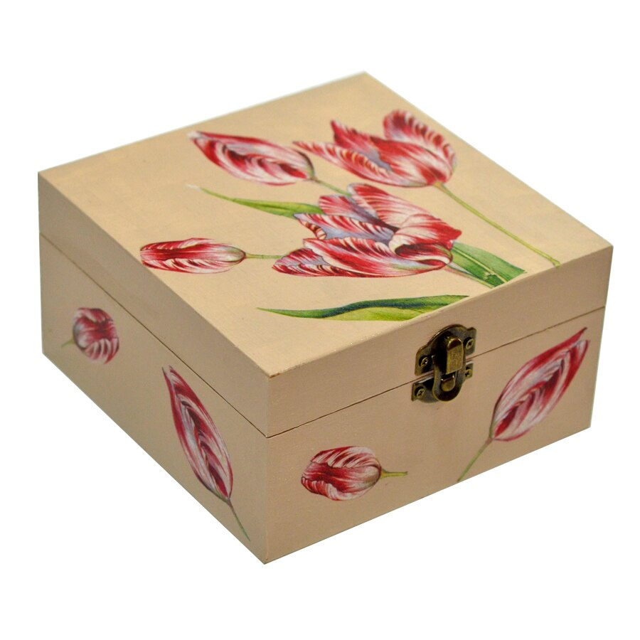 Cutie pentru ceai cu 4 compartimente, personalizata cu flori, nuanta ivory