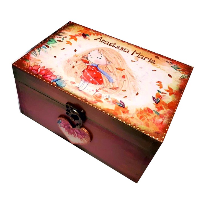Cufar personalizat din lemn pentru fete, 20x15x7cm, MIXARTSTUDIOBYM