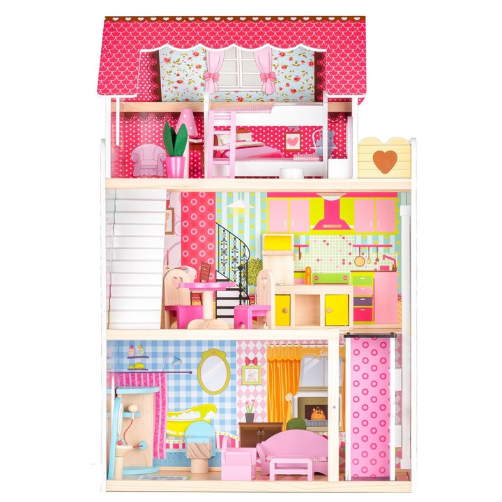 IdealStore Malibu Residence DOll fából készült babaház, 90 x 59 x 33 cm, 3 független szint összesen 5 szobával, 16 bútort és 2 babát tartalmaz, mesebeli környezet