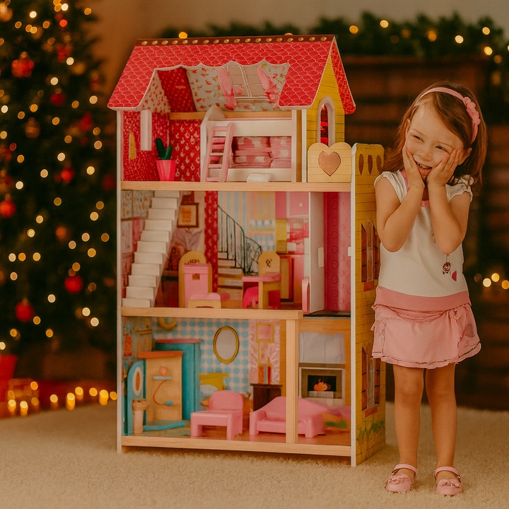 Casuta de papusi din lemn cu LIFT idealSTORE, MALIBU RESIDENCE DOLL, Dimensiuni 90 x 59 x 33 cm, 3 nivele independente cu un total de 5 camere, Include 16 piese de mobilier si 2 papusi, Toate intr-un decor de poveste