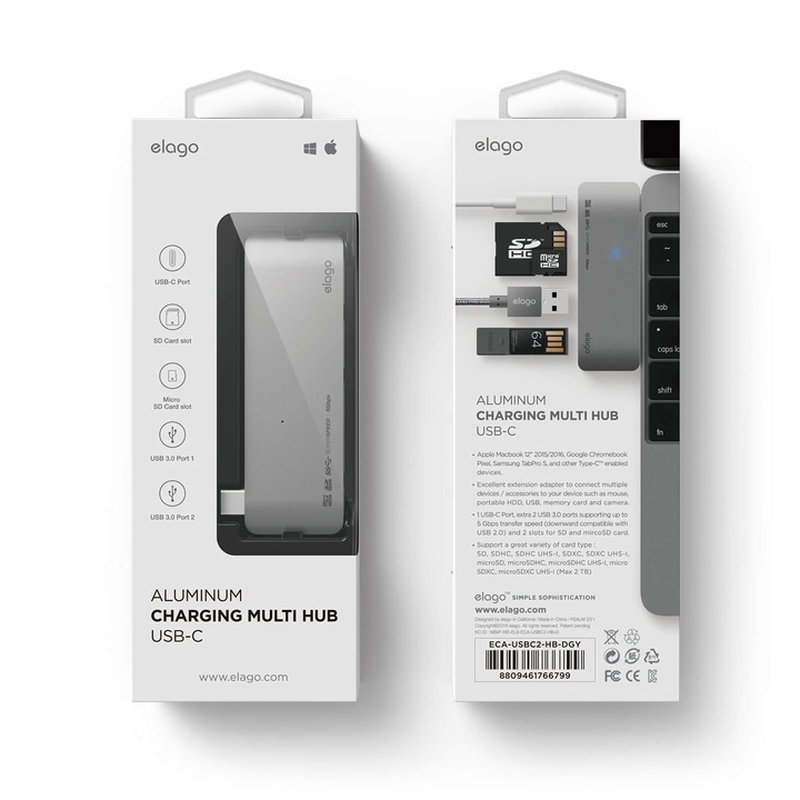 Elago Multi USB-C Hub - USB-C хъб към 2xUSB 3.0, MicroSD, SD и USB-C за MacBook и устройства с USB-C порт (тъмносив)