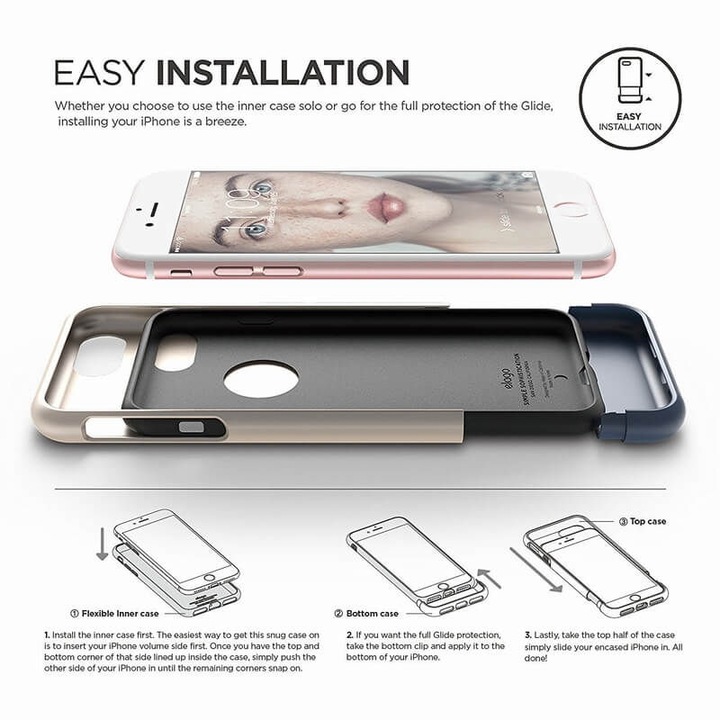 Elago S7 Glide Case + HD Clear Film - поликарбонатов кейс и HD покритие за iPhone 8, iPhone 7 (златист-тъмносин)