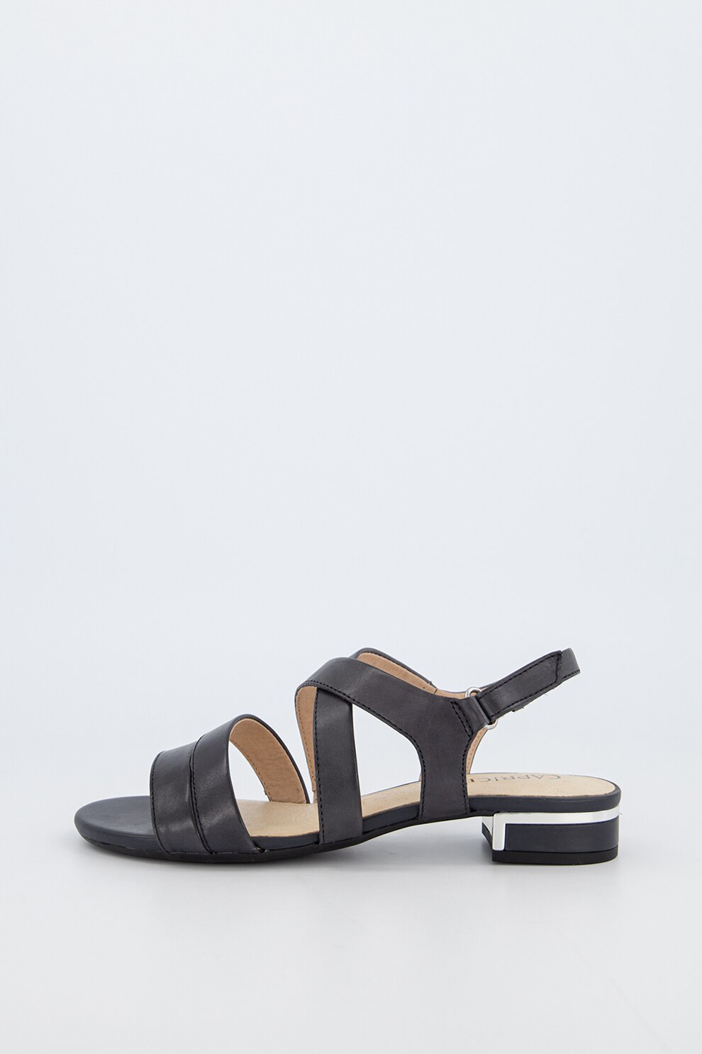 Caprice, Sandale de piele cu barete multiple, Negru/Argintiu, 38.5