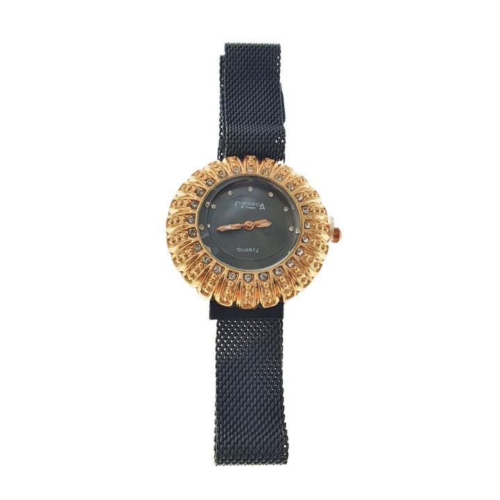 Часовник Francesca di Geneva F03-209, аналогов дисплей с кристали, корпус 35 x 8 мм, ширина на магнитната каишка 16 мм, черен със злато
