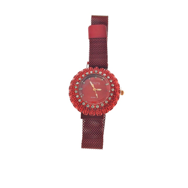 Часовник Francesca di Geneva F03-209, аналогов дисплей с кристали, корпус 35 x 8 мм, ширина на магнитната каишка 16 мм, червен