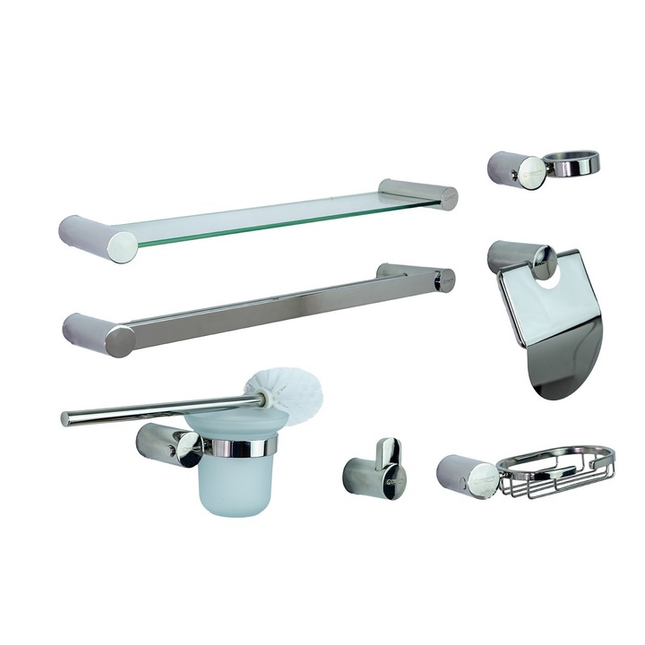 Set sapte piese, accesorii baie, TRENDY S inox cromat, desing cilindric
