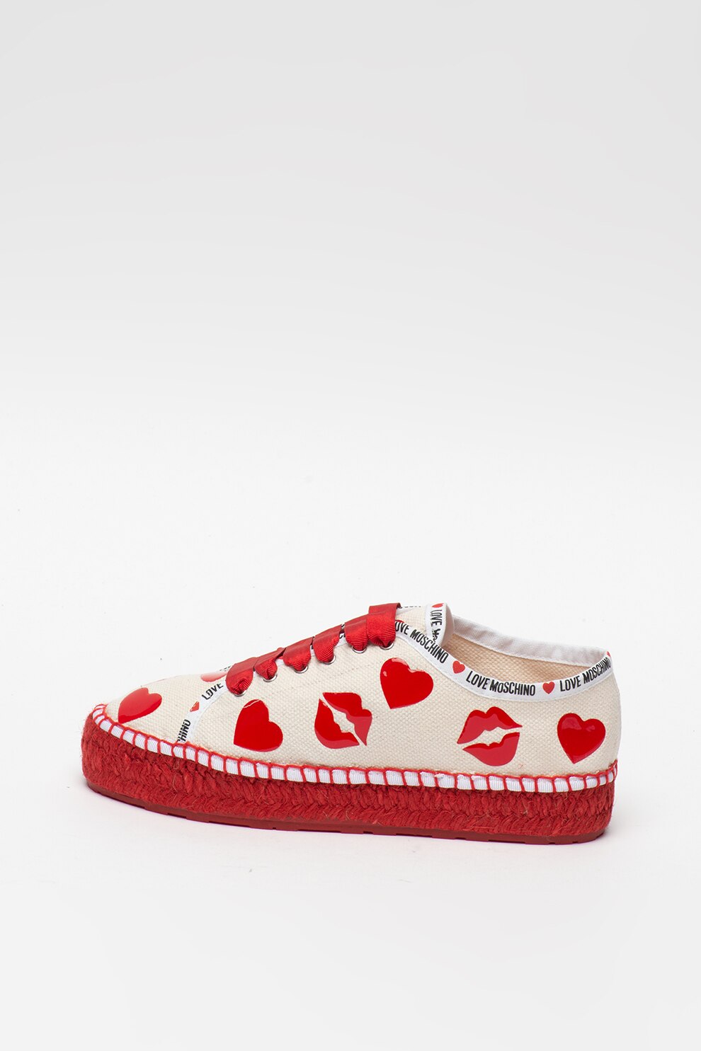 Love Moschino, Pantofi sport tip espadrile cu aplicatii decorative, Alb/Rosu, 41