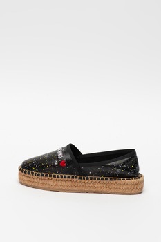 Love Moschino, Espadrile de piele cu model cu pete decorative, Negru, 40 Love Moschino, Espadrile de piele cu model cu pete decorative, Negru, 40