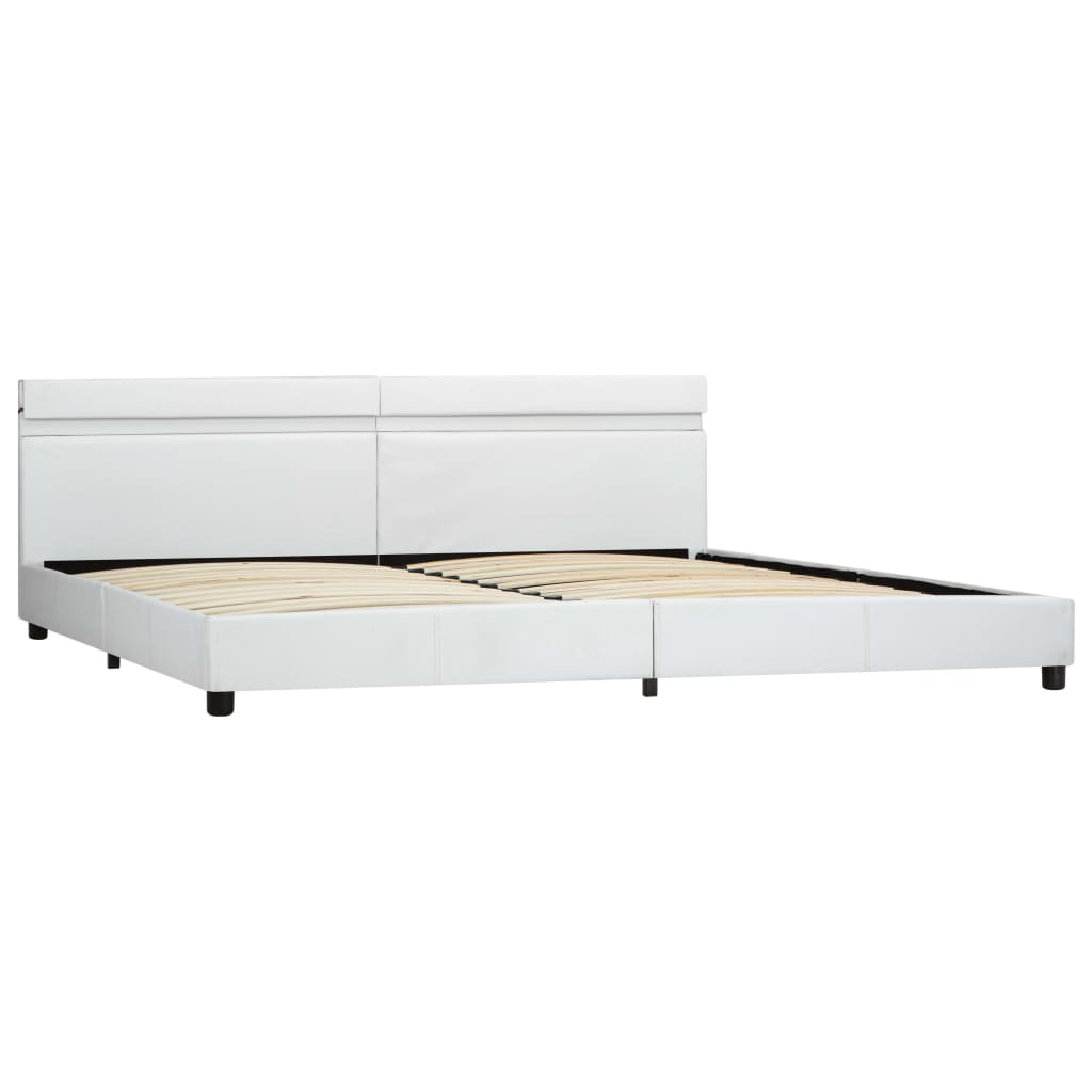Cadru de pat dublu, LED, tapitat, vidaXL, Piele ecologica-Lemn, 180 x 200 cm, Alb