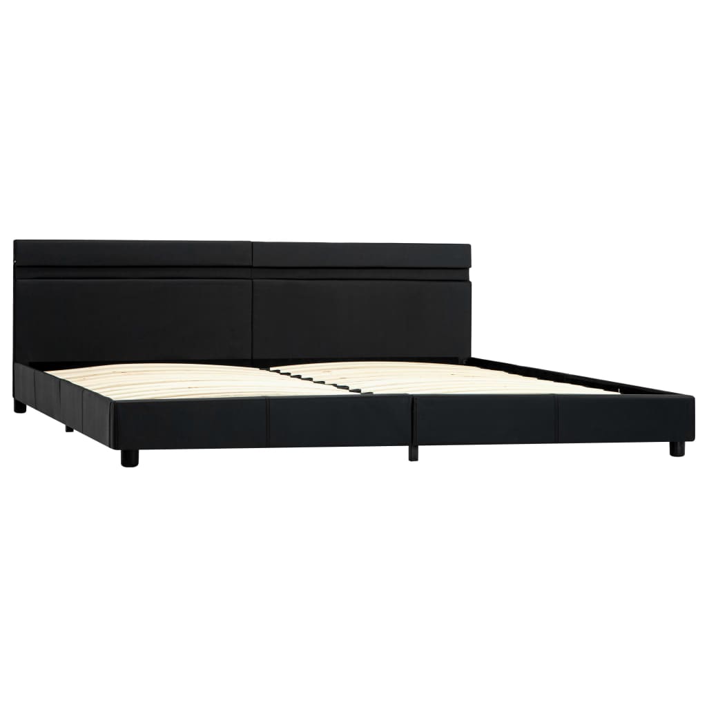 Cadru de pat dublu, LED, tapitat, vidaXL, Piele ecologica-Lemn, 180 x 200 cm, Negru