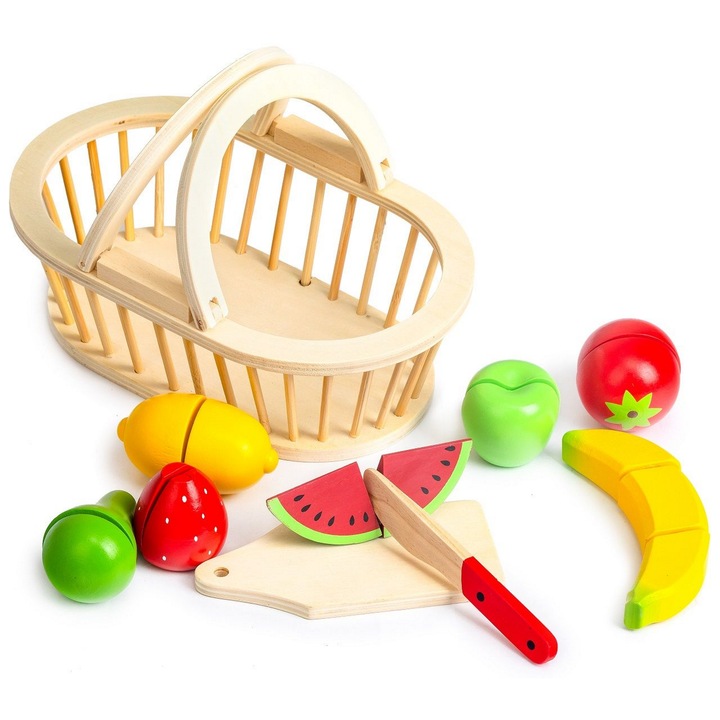 Cosulet cu fructe din lemn idealSTORE Fruits Jump, Include 10 piese 7 fructe, tocator si cutit, Dezvolta imaginatia, Sporeste distractia creativa intr-un mod sanatos