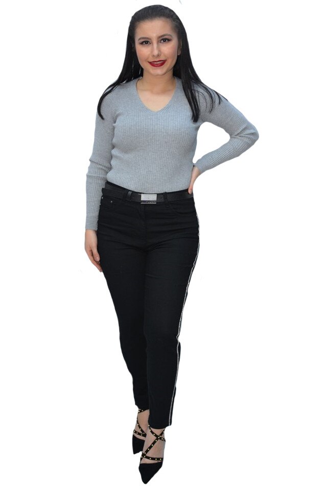 Pantaloni Deliah cu insertii de strasuri pe picior,D&J Exclussive, Negru