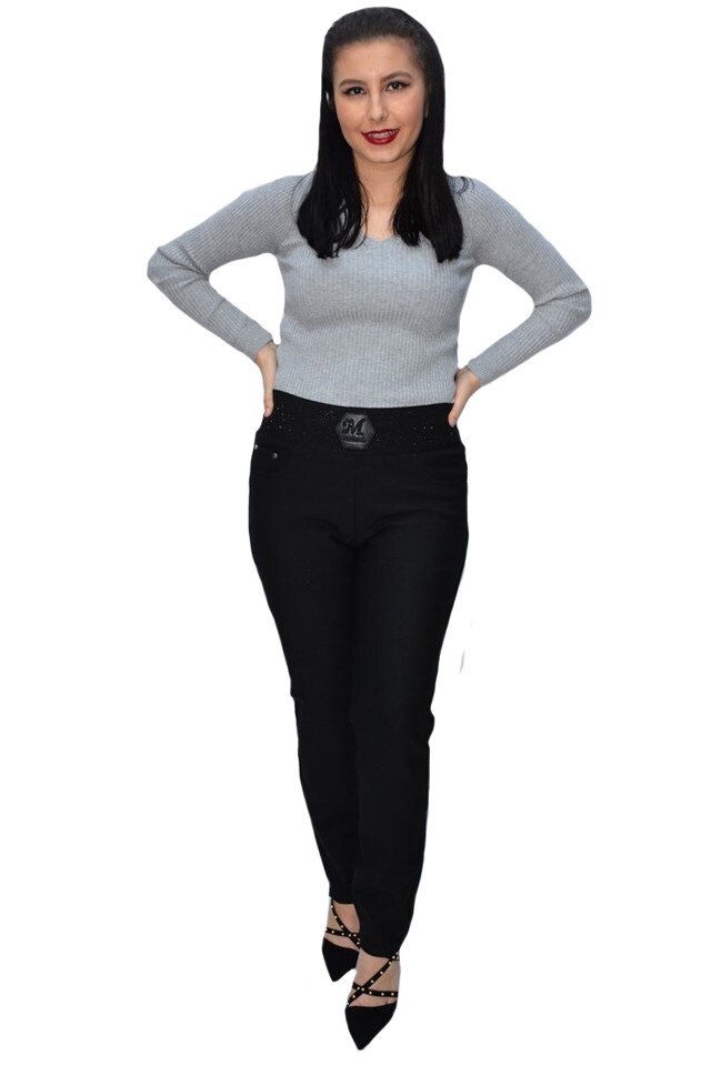 Pantaloni casual bussines Florina cu insertii de strasuri,D&J Exclussive, Negru