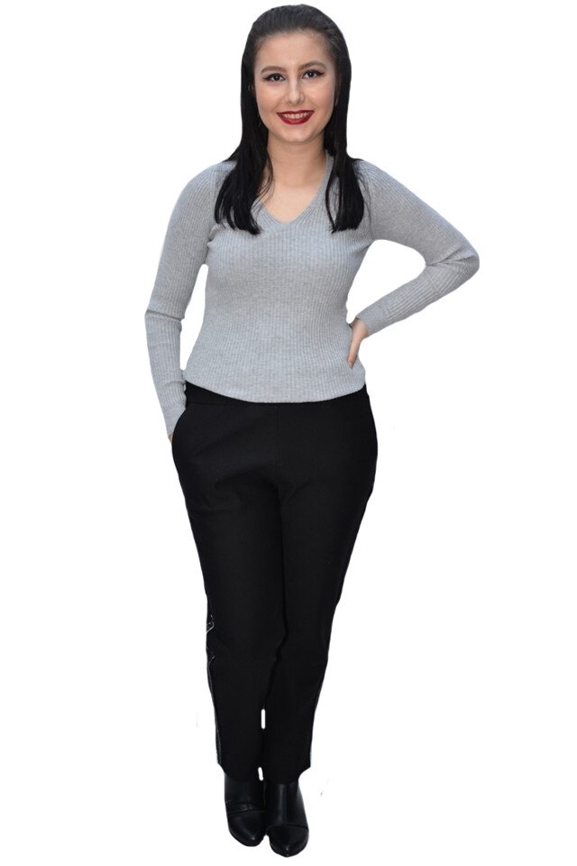 Pantaloni casual Jeniffer cu model pe picior,D&J Exclussive, Negru