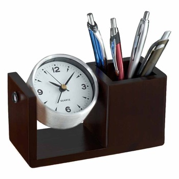 Ceas de birou din aluminiu cu suport pentru pixuri din lemn personalizabil Ceas de birou din aluminiu cu suport pentru pixuri din lemn personalizabil